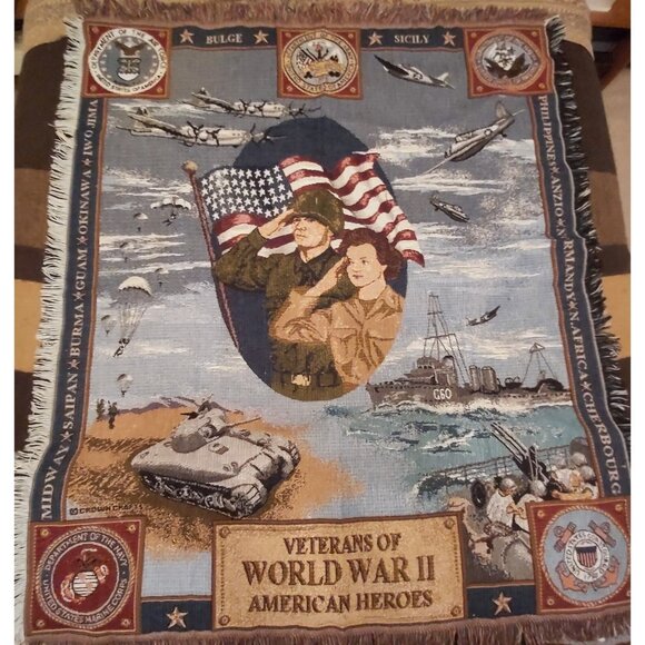 Veterans of World War II American Heroes Army Navy Woven Throw 55" x 46" +Fringe - Picture 1 of 12